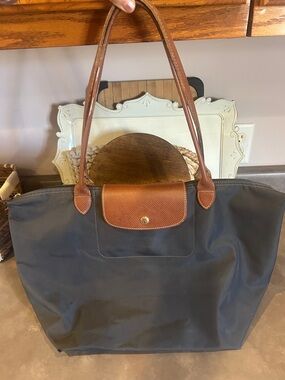 Longchamp Navy Tote with Brown Leather Trim